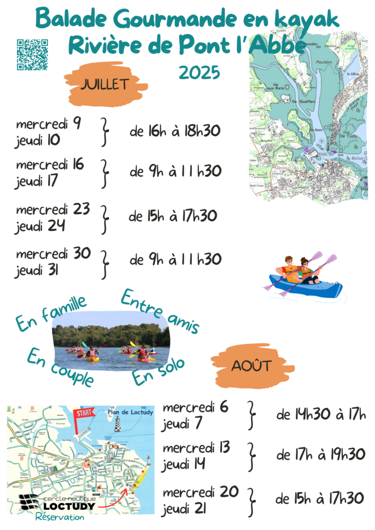 planning des balades gourmandes en kayak dans la rivière de Pont L'Abbé avec le Cercle Nautique de Loctudy