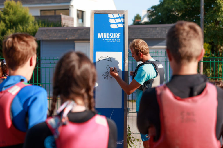 moniteur de voile dessinant unschéma sur un tableau blanc afin d'aider ses stagiaires à comprendre les diférentes allures d'une planche à voile